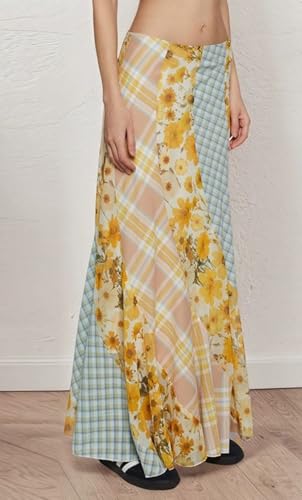 CHARTU Women Floral Print Plaid Patchwork Maxi Skirt Summer Beach Vacation Lightweight Flowy Long Skirt3