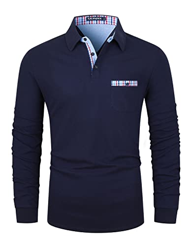 LIUPMWE Mode Polo Homme Manche Longue Cotton Casual T-Shirt Slim Fit Tops S-3XL,L,Bleu