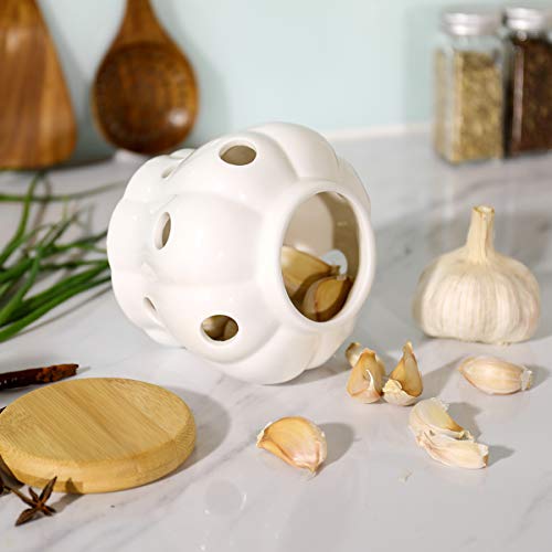 Bestonzon Porta-alho de grés branco com tampa de bambu, frasco de armazenamento redondo de cerâmica