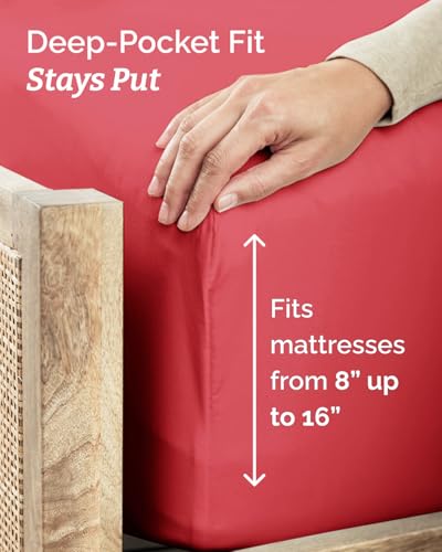 Image of Twin XL 4 Piece Sheet Set - College Dorm Room Essentials - Red | Ultra Soft Dorm Bedding Set, 8 inch to 16 inch Inch Deep Pockets, 1 Flat & 1 Fitted Sheet & 2 Pillowcases, Wrinkle & Fade Free