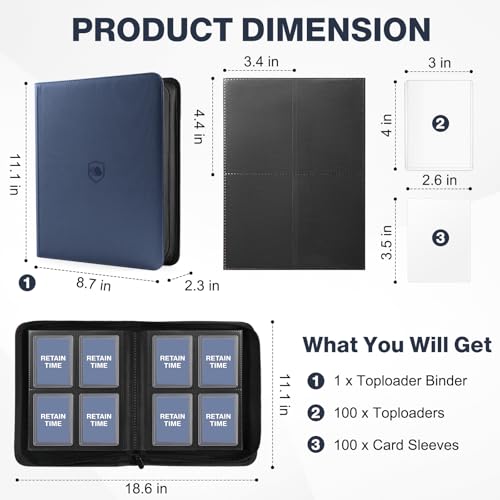 Image of Top Loader Binder 4 Pocket, Holds 160 Toploaders, 100 Toploaders INCLUDED | Toploader Binder for 3 inch x 4 inch Rigid Toploaders, Trading Card Binder for TCG, MTG, Sport Cards, PU Leather Cover, Side Loading