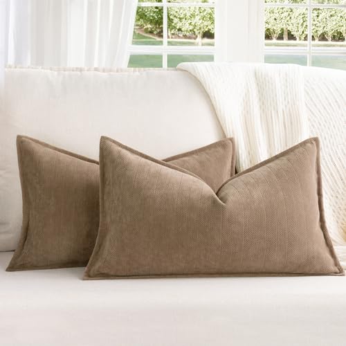 Image of ZWJD Khaki Pillow Covers 12x20 Set of 2 Chenille Throw Pillow Covers with Elegant Design Soft and Luxurious Decorative Throw Pillows for Couch, Bed, and Home Decor