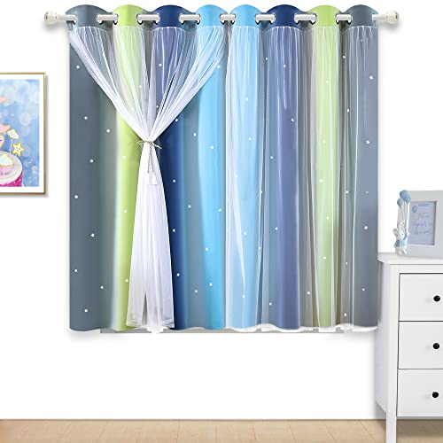 Kinryb Rainbow Stripe Star Blackout Curtains Double-Layered Curtains For Girls Bedroom With Tie-Backs Blackout Sheer Curtains Light Blocking Window Curtains Drapes Rainbow Green 52W X 45L #TOP1
