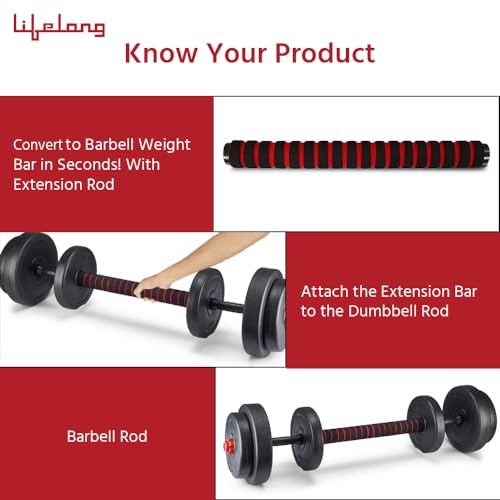 Image of Lifelong LLPVCHGC14 PVC Home Gym Set 20kg Plate with Extension Barbell Rod and Dumbbells Rods with Gym Accessories for Home Workouts (Black, 6 Months Manufacturer's Warranty)