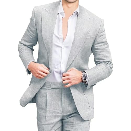 Mens Linen Suits 2 Piece Beach Wedding Blazer Summer Grooms Classic Lightweight Breathable Jacket Pants Grey