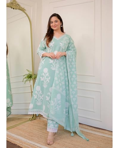 Image of Nermosa Women Cotton Printed Straight V-Neck Kurta Pant With Dupatta