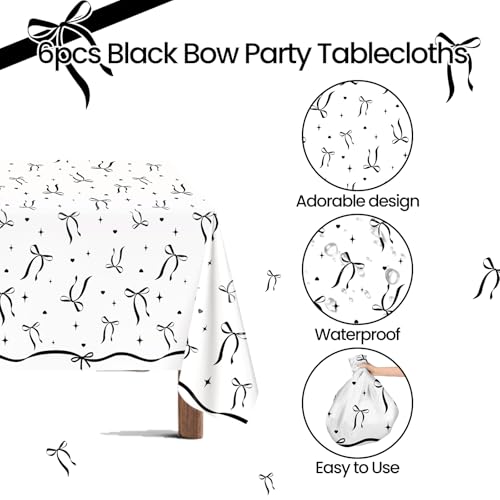 Image of Avezano 6 pcs Black Bow Tablecloths 108x54 inch Bow Birthday Decorations Black and White Bow Plastic Table Cover Disposable Bachelorette Party Supplies