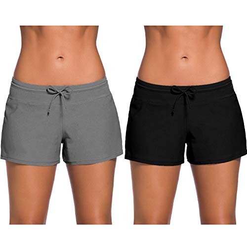 Xgood 2 Pack Women Swim Shorts Swimsuits Side Split Boardshorts Summer Swimwear Beach Shorts 6 Size Swim Shorts for Boys Girls Men Women(Black and Grey) (M)