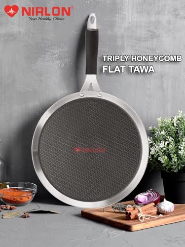 Image of NIRLON Prima Honeycomb Stick Free Triply Stainless Steel Cookware Combo Set of 3Pc |Flat Tawa29cm /Fry Pan 24cm /Deep Kadai 24cm-2.6Ltr|Induction and Gas Stove Friendly