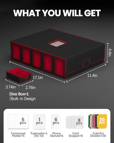Image of Trading Card Storage Box, 5 Row Card Deck Case with Commander Display & Portable Handle, 4200+ Card Deck Boxes Compatible for MTG TCG Magic Cards, 30 Divider, 8 Supporters, 1 Dice Tray (Black & Red)