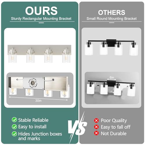Image of IZORRO Bathroom Vanity Light Fixture, 4-Light 30 Inch Brushed Nickel Bathroom Light Fixtures Over Mirror, with Clear Glass Shade, Modern Farmhouse Vanity Lights, Rustic Restroom Lighting Fixtures