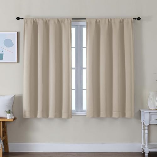 Image of Simplebrand Ava Biscotti Beige Short Blackout Curtains for Bedroom 45 Inches Long 2 Panels Set, Solid Thermal Insulated, Energy Saving Window Treatment Curtains Blackout Drapes, W40 x L45 Inch