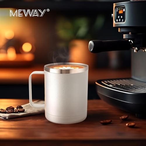 Image of MEWAY 12oz /1Pack Double Wall Vacuum Insulated Travel Mug with Handle, Stainless Steel Tumbler with Lid, Durable Powder Coated Insulated Coffee Cup for Cold & Hot Drinks (White, 1)