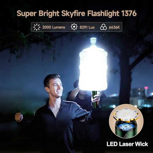 Image of SKYFIRE 1376 LED Flashlights with Ignition Lens, Rechargeable 2000 High Lumens Zoomable Flash Light, 5 Modes Waterproof IPX6 Powerful Tactical Flashlight for Emergency Camping Essentials Home (Green)