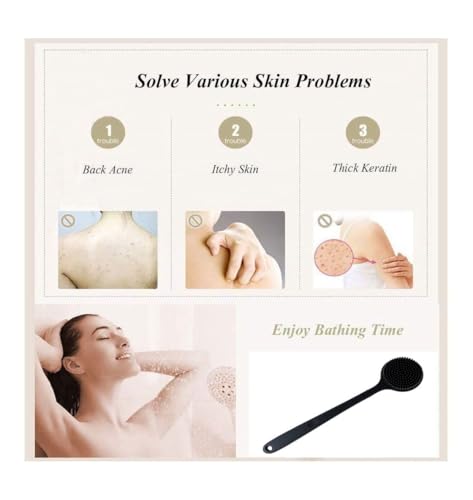 Image of Silicone Bath Brush with Long Handle - Soft Bristles Back Scrubber for Shower | Body Massage - Exfoliating Dirt Removal Brush for Men | Women (BLACK SCALP)