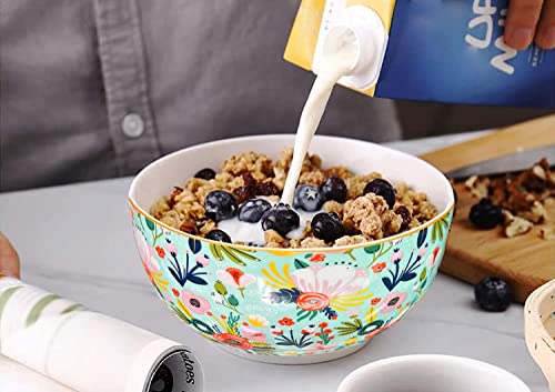 Leazul Ceramic Soup Bowls Cereal Bowl, 22 Ounce Bowls Set Chip Resistant Dishwasher & Microwave Safe Porcelain Bowls For Kitchen Mint Floral Bowls For Cereal Soup Rice Pasta Salad Oatmeal, Set Of 4 #TOP2