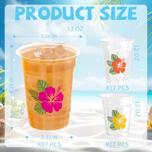 YQUQWN 51 PCS Hawaii Laua Cups 12 oz Disposable Thickened Hibiscus Tropical Plastic Cups for Hawaii Luau Pool Beach Party Supplies Summer Birthday Party Favors Drinkware Decorations