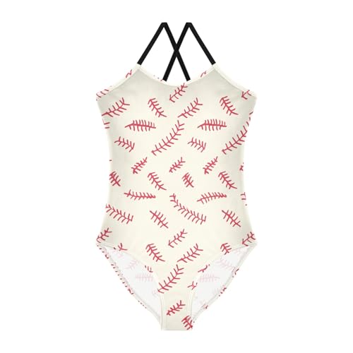 Red Baseball Stitching One Piece Swimsuit, Spaghetti Straps, Cross Back Design, Ages 3T