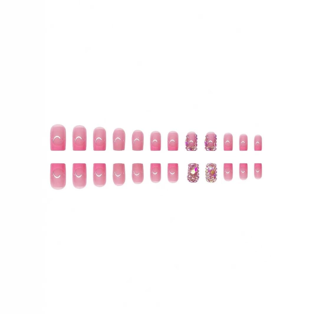 48 Pcs Pink Press on Nails Short Square & Press on Toenails Set, Colorful Rhinestone Gem Design Glue on Nails Pink French Tip Toe Nails Glossy Acrylic Full Cover Stick on Nails for Women