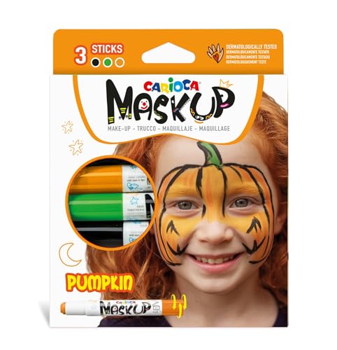 CARIOCA Mask Up Calabaza, Kit de Pintura Facial para Niñas, Barras de Maquillaje Ideal para Navidad, Halloween, Carnaval y Fiestas - 3 Colores y 2 Tutoriales - Dermatológicamente Testado