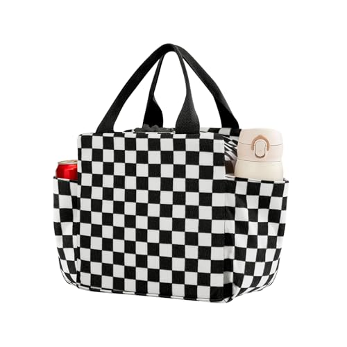 SODEER Lunch Bag for Women and Men Checkered,Insulated Lunch Box Cute Corduroy,Reusable Womens Lunch Cooler for Work Beach Meal,Black and White