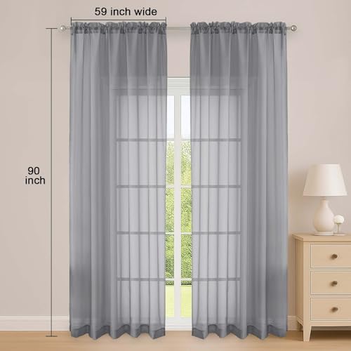 Image of OWENIE Grey Sheer Curtain 90 Inches Long 2 Panels Set, Solid Filmy Drapes for Living Room Bedroom, Elegant Window Voile Sheer Curtain Panels Drapes, 2 Pcs, Each 59 inch Wx90 L Inch