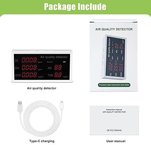 Air Quality Monitor, Home Air Quality Tester for CO/ CO2/ HCHO/TVOC/AQI Multifunctional Air Gas Detector Real Time Data and Mean Value Recording for Home Office Car and Classroom