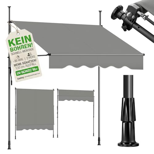 Sekey Klemmmarkise 350 cm breit, Markise Balkon ohne Bohren mit Handkurbel, 130 cm Ausfall, 0-90° neigbar, UV-beständiger Sonnenschutz & wasserdicht (280g/m²), für Balkon, Terrasse & Garten, Grau