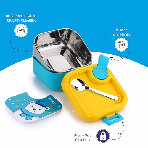 Image of Homeor Stainless Steel Box with Spoon, Tiffin Box for Kids, Airtight BPA Free & Leakproof Lunch Box, Steel Box for School Girls and Boys, Snacks Tiffin for Kids, 500 ML, Blue