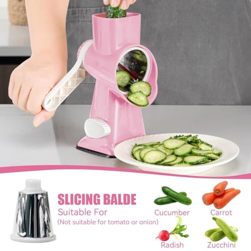 Image of KEOUKE Rotary Cheese Grater Hand Crank Pink - Shredder Slicer Grinder 3 Stainless Steel Blades, Stable Suction, Labor-Saving Handle, Safe Kitchen Tool for Cheese, Vegetable, Nuts, Chocolate