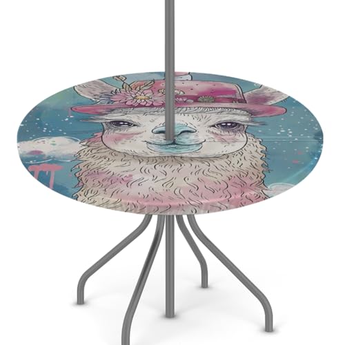 Outdoor Tablecloth with Umbrella Hole, Animal Unicorn Alpaca Round Fitted Tablecloth, Spring Summer Elastic Picnic Table Cover Camping Table Cover for Outside Patio Garden Cafe 45"-56",D-1238