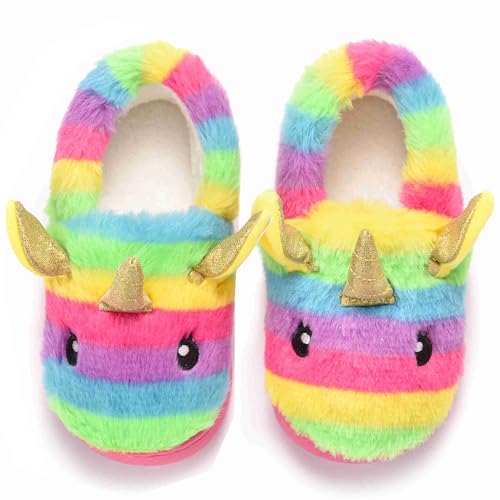 Ainikas Girls Plush House Slippers Toddler Kids Fuzzy Slippers, Colorful, 4-5 Toddler