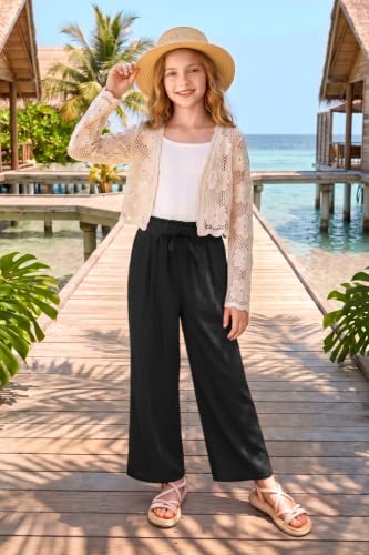 Image of Girls Summer Floral Wide Leg Pants High Waisted Flowy Dress Trousers with Pockets for School Lounge Beach 5-14 Years