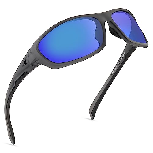 KastKing Hiwassee Polarized Sport Sunglasses for Men and Women, Matte Smoke Crystal Frame,Smoke Base Cobalt Mirror