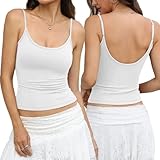 EasyGala Womens Cotton Sexy Scoop Neck Tank Top Adjustable Spaghetti Strap Camisole Basic Summer Slim Fitted Low Cut Cami Trendy Backless Shirts Going Out Clothes 2026 Ture White Small