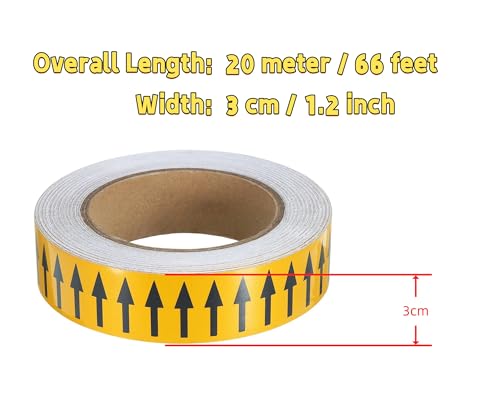Image of Pipe Flow Arrow Tape Pipeline Arrow Stickers 1.2 Inch x 66 Ft (3cm x 20M) Pipe Identification Marking Arrow Labels with Reflective Strips for Pipe Flow Markers, Yellow /Black