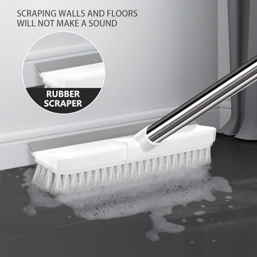 UCRAVO 2 in 1 Floor Scrub Brush with Squeegee, Tile and Tub Long Handle Brush Scrubber, Broom Stiff Bristle Brush Household Cleaning Brush for Floor, Bathroom, Patio, Kitchen, Wall, Carpet and Deck