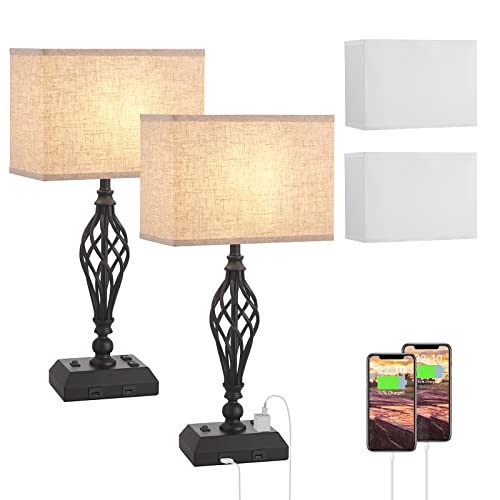 Table Lamps Vintage Lamps with 2 USB Charging Ports and AC Outlets Set of 2, Kakanuo Farmhouse Nightstand Bedside Lamps with Spiral Cage Base for Bedroom and Living Room (2 Color Lampshades Included)