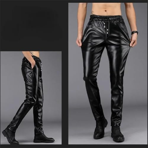 FULBHPRINT Men’S Winter Fleece-Lined PU Leather Pants Stretch Slim Fit Thickened Motorcycle Riding Trousers with Tapered Legs2