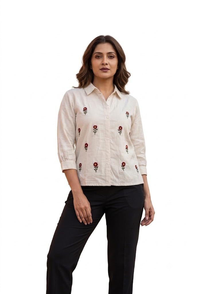 Women's Off White Organic Cotton Embroidered Shirt with Floral Handwork-image-44