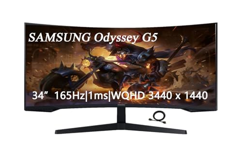 Image of Samsung 34 inch Odyssey G5 Series WQHD Gaming Monitor, FreeSync Premium, 1000R UltraWide Curved, 165Hz, 1ms, Black, with GSF HDMI Cable