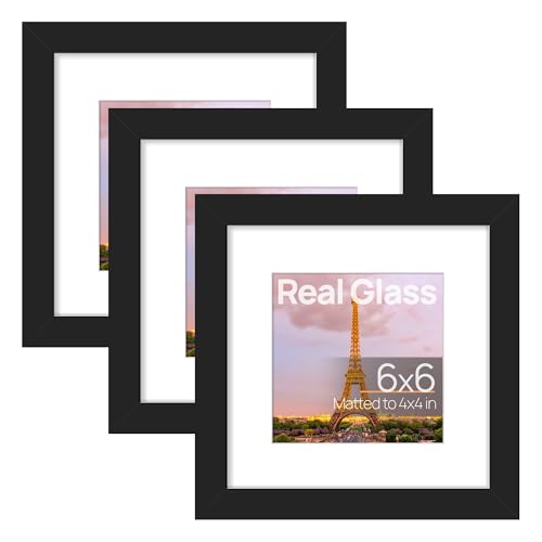 Image of upsimples 6x6 Picture Frame, Gallery Glass Photo Frames Set of 3, Black | Fit 4x4 with Mat and 6 x 6 Photos, Gift for Christmas, Wall Decor and Table Display for Living Room, Hallway, Gallery