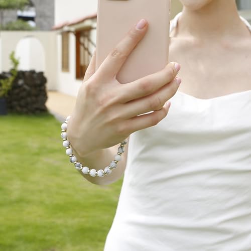 Image of TENOC Marble Beaded Phone Wrist Strap, Marble White | Cellphone Lanyard Chain, Sparkling Wristlet Bracelet, For Women
