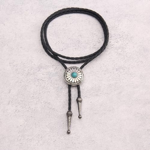 Image of GelConnie Bolo Tie for Men Women Western Cowboy Turquoise Leather Necktie | Natural Stone Bolo Tie Necklace for Women Rodeo Cowboy Leather Necktie Native American Western Cowgirl Ties Adjustable Cord