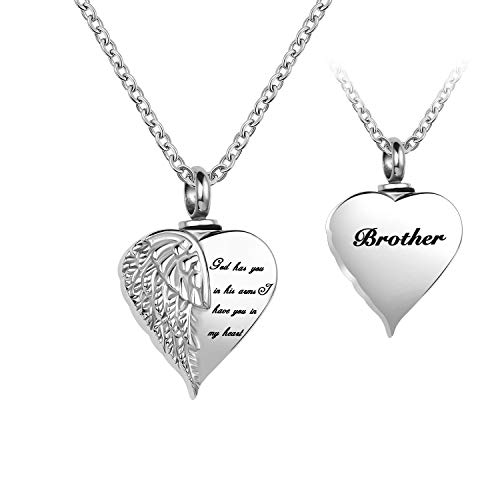 LuxglitterLin Angel Wing Heart Cremation Urn Necklace for Ashes Brother Keepsake Memroial Jewelry God Has You in His Arms I Have You in My Heart
