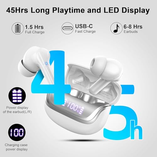 Image of Wireless Earbuds, Bluetooth 5.4 Headphones with 4 ENC Noise Cancelling Mic, 45Hrs Playtime Bluetooth Earphones HiFi Stereo Deep Bass, in Ear Earbuds IP7 Waterproof, Wireless Headphones Silver White
