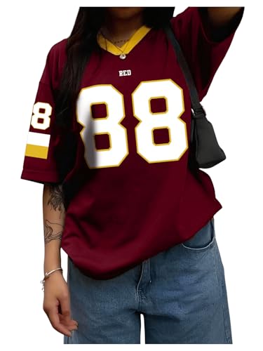 WDIRARA Women's Plus Size Football Jersey Shirts Number Graphic Oversized V Neck Half Sleeve Streetwear Tops