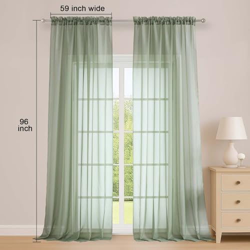 Image of OWENIE Sage Green Sheer Curtains, Sheer Curtains 96 inches Long 2 Panels Set, Rod Pocket Voile Fimly Sheer Drapes for Living Room /Bedroom, 2pcs, Each 59 inch W x 96 inch L