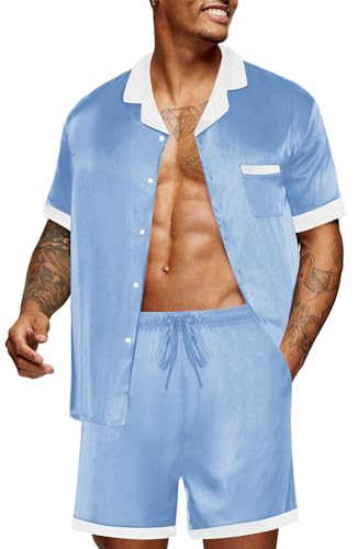 Image of Ekouaer Men Satin Silk Pajamas Set with Pockets Sleepwear Shorts Satin Summer Loungewear 2 Piece Button Down Set S-3XL, Blue, Large