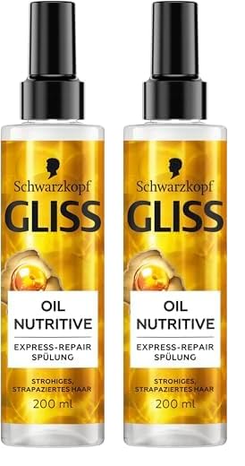 Gliss Express-Repair-Spülung Oil Nutritive (200 ml), Haarspülung nährt strohiges, strapaziertes Haar, Pflegespülung mit Hitzeschutz bis zu 230 °C (Packung mit 2)
